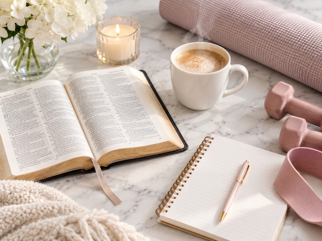 Bible, journal, coffee and wellness essentials for a grounded morning routine
