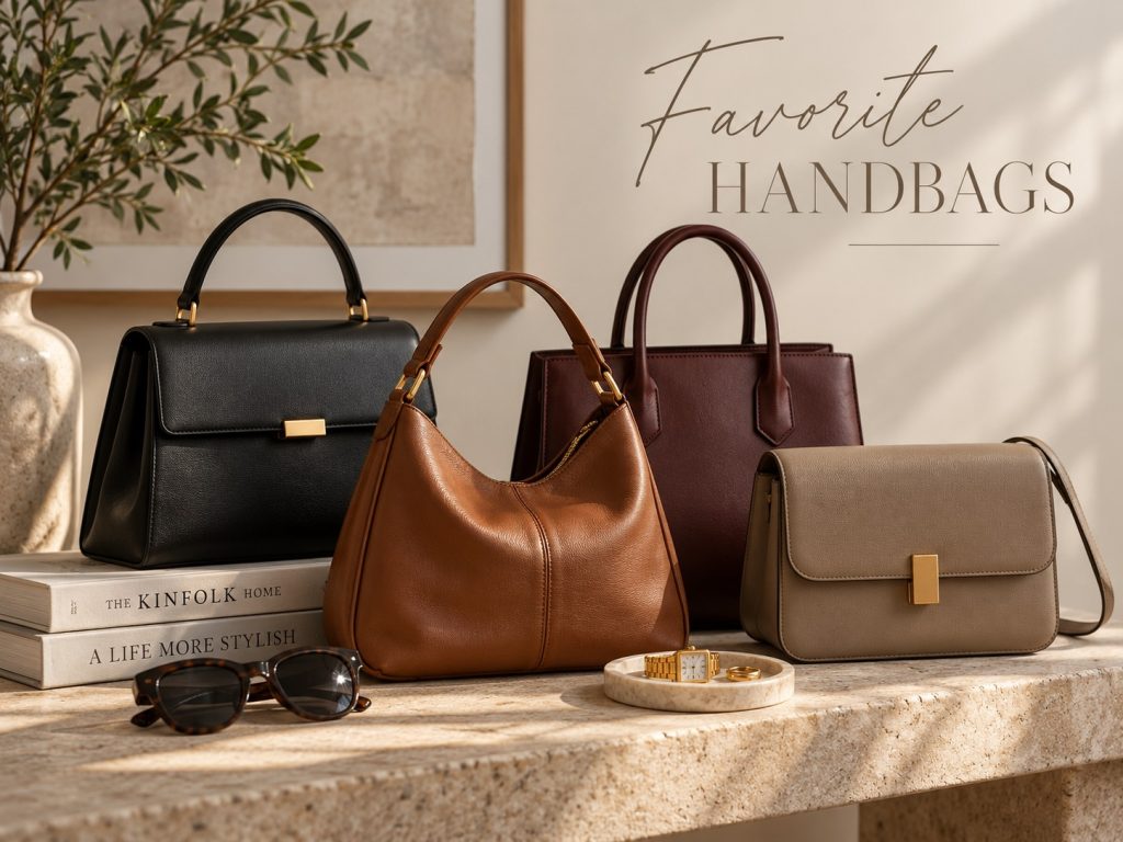 Curated collection of timeless handbags in black, cognac, burgundy and taupe